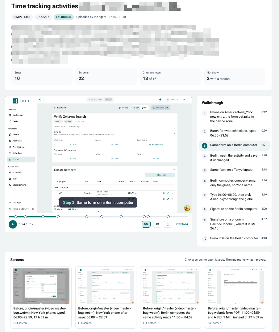 Proof page for a time zone fix: 13 of 15 criteria shown, 2 not shown with a reason, a captioned walkthrough video and the screens behind it